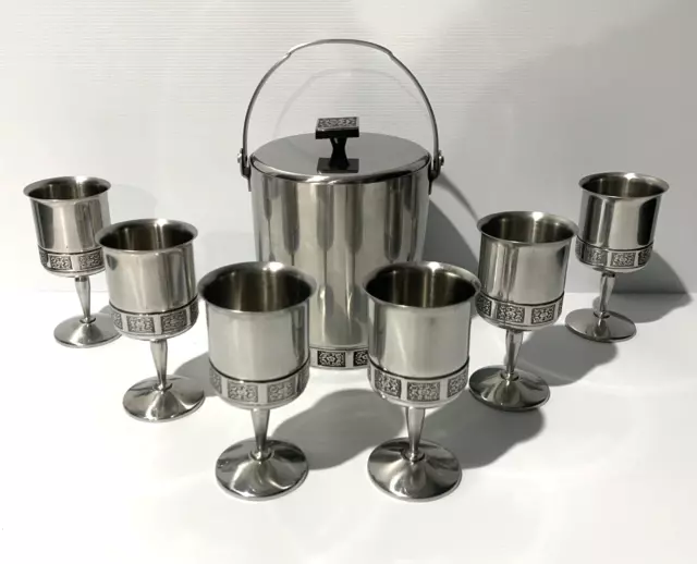 Vintage Wiltshire Burgundy Stainless Steel Ice Bucket and 6 Wine Goblets MCM