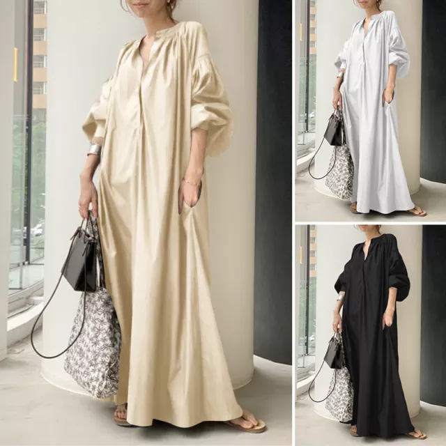 Women Party Gown Puff Long Sleeve V Neck Kaftan Loose Long Maxi Shirt Dress Plus