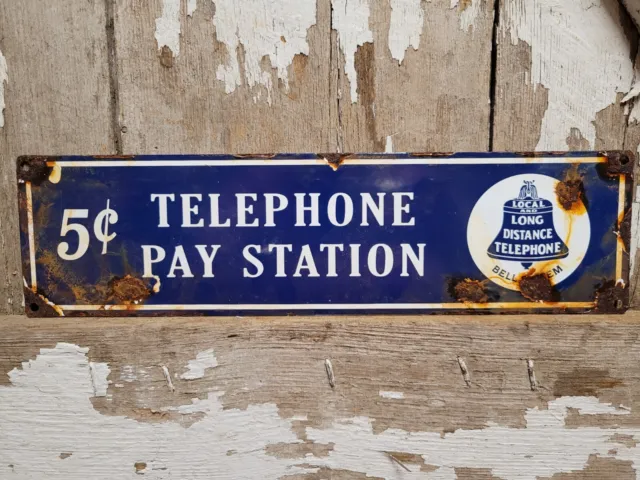 Vintage Telephone Porcelain Sign Bell System Pay Phone Station Local Long 15"