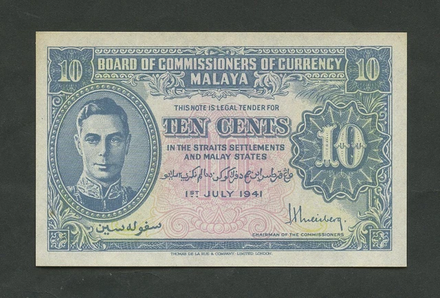 MALAYA  10 cents  1941  KGVI  WWII  Krause 8  Uncirculated  Banknotes