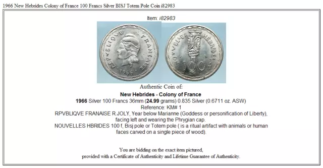 1966 New Hebrides Colony of France 100 Francs Silver BISJ Totem Pole Coin i82983 3