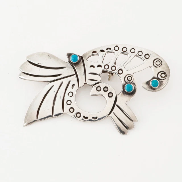 Taxco Mexican Sterling Silver Blue Turquoise Cut Out Stamped Brooch / Pin