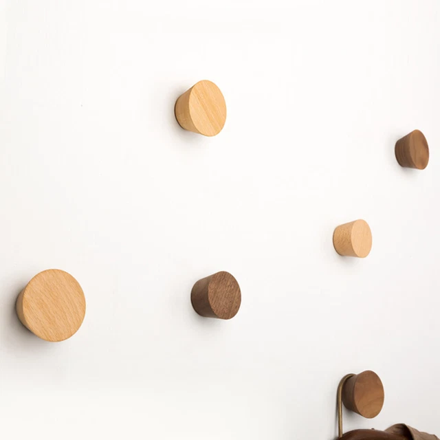 5Pcs Wall Mounted Wood Hook Clothes Coat Hat Hanger Towel Rack Round Decorative