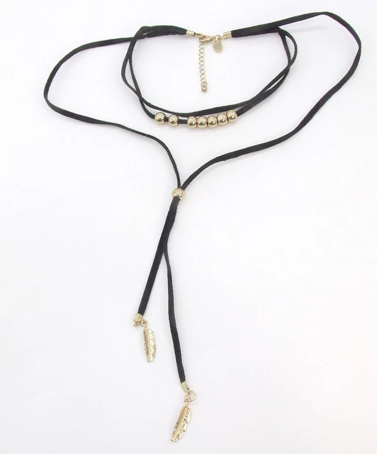 13" CHARMING CHARLIE 3 Strand Black Faux Leather/Feather Dangle Choker Necklace