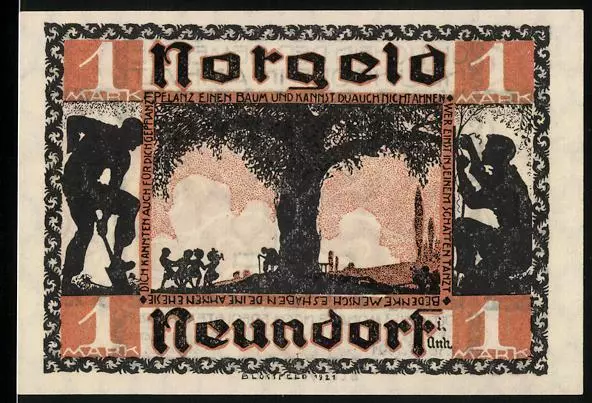 Notgeld Neundorf i. Anhalt 1921, 1 Mark, Kinder unterm Baum, Männer pflanzen ei