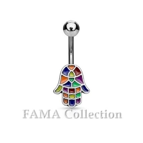 Quality FAMA Multi Colour Hamsa 316L Surgical Steel Navel Belly Ring