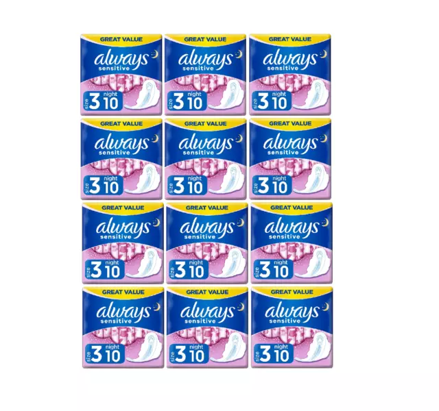 12 x Always Sensitive Night Ultra Sanitary Towels Soft with Wings Size 3 10 PADS