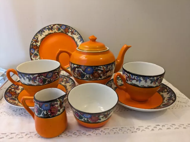 Vintage Orange Art Deco Style Tea Pot Tea For Two Set