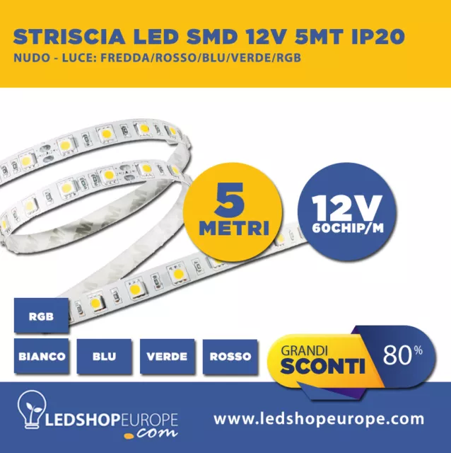 Striscia Bobina Led 3528-60Led/Mt 5Mt 12V Ip20 Vari Colori Bianco/Colorato/Rgb