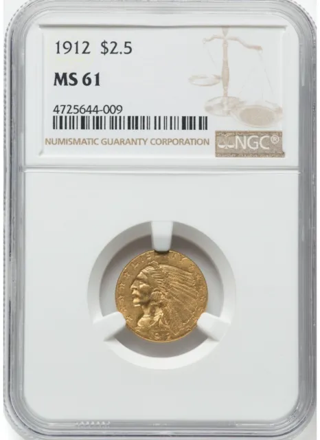 1912 Indian Head $2.5 Quarter Eagle Gold Ngc Ms61