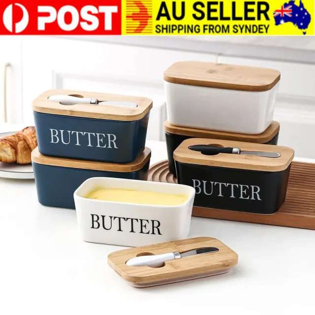 Ceramic Butter Dish Box Storage Tray Container with Bamboo Lid & Butter Cutter