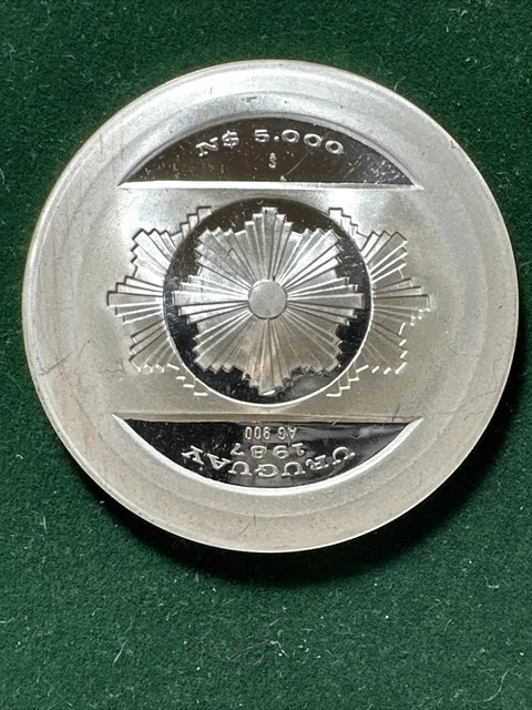 URUGUAY 1987 Silver Coin 5000 PESOS Central Bank 20 Years Jubilee Sun of May