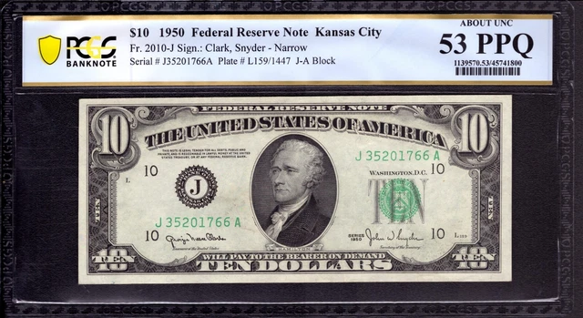 1950 $10 Federal Reserve Note Kansas City Fr.2010-J Narrow Pcgs B Au 53 Ppq