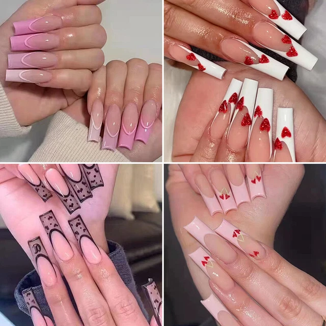 24 Stück Press On Nails Langes Rosa Herz Silber Glitzer Sarg Falsche Nägel ~