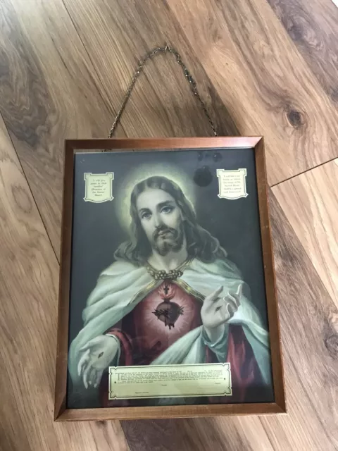 Vintage Sacred Heart Of Jesus Religious Picture Wood Frame