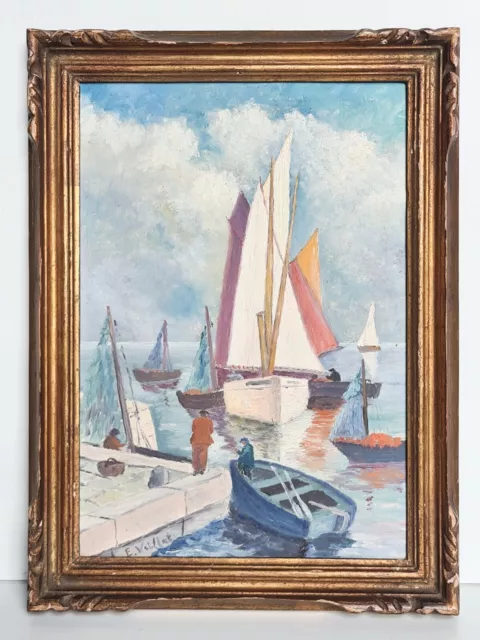 Quadro Olio su Legno Paesaggio Marino, Scuola Bretonne Marina Firmato E.Veillat