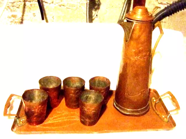 Antique European Drink Set Copper Tray Pitcher Cups Arts and Crafts Look