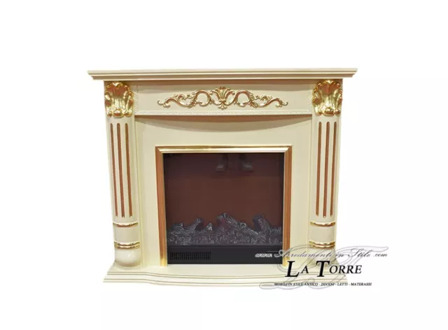 Camino elettrico Kamin fireplace legno massello Barocco Inglese avorio con parti