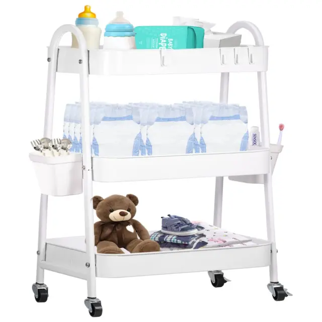 Baby Diaper Caddy Cart Metal Nursery Storage Organizer 3-Tier RollingCart