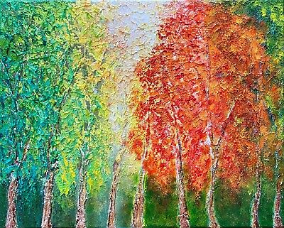 Fall Trees 3D Impasto Original Abstract Acrylic Painting Stretched Canvas 16x20"