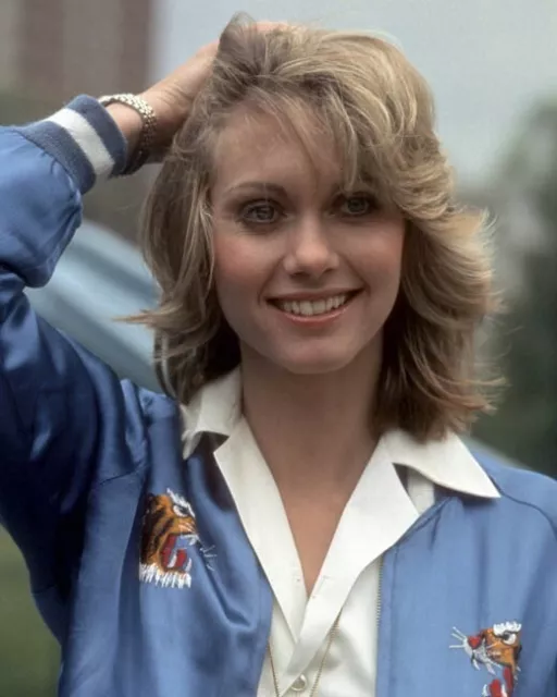 Olivia Newton-John 1970's smiling portrait in blue silk jacket hand in hair 8x10