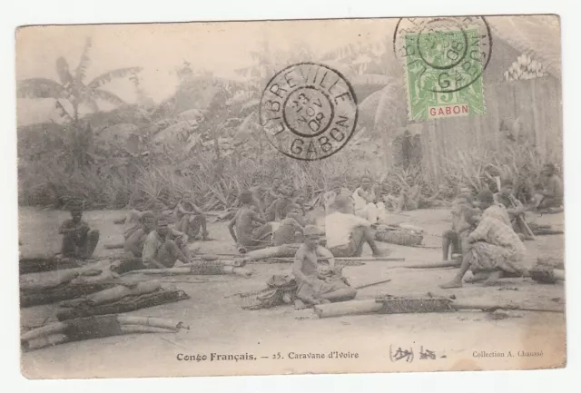 CPA, Afrique, Congo francais, Caravane d`Ivoire, A. Chaussé, timbre, Gabon, `08