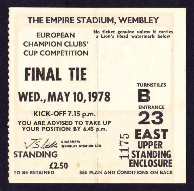 1978 European Cup Final CLUB BRUGGE / BRUGES v LIVERPOOL *VG Condition Ticket*