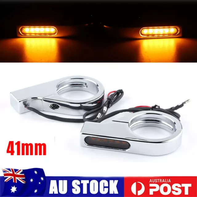 2x  Chrome Motorcycle Indicators LED Turn Signal Light For 41mm Fork Tubes Clamp