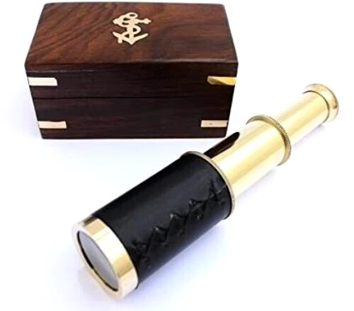 6" Brass Handheld Telescope with Wooden Box - Marine Pirate Navigation with Anch
