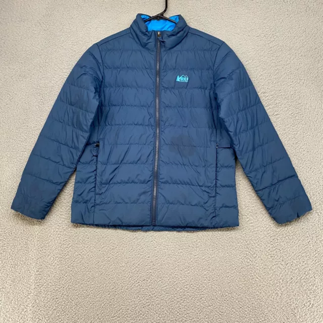 REI Kids Puffer Jacket Kids Boys Large Quilted Down Zip Up Blue Pockets Outdoor*