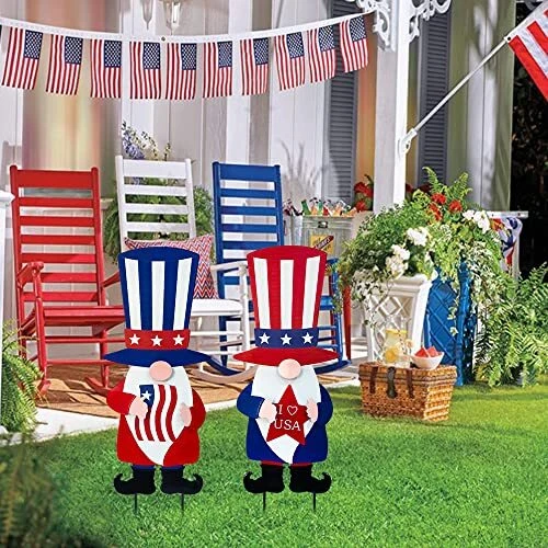 2Pc Metal Gnomes Stakes Yard Sign Uncle Sam Hat Patriotic 4th of July Decoration