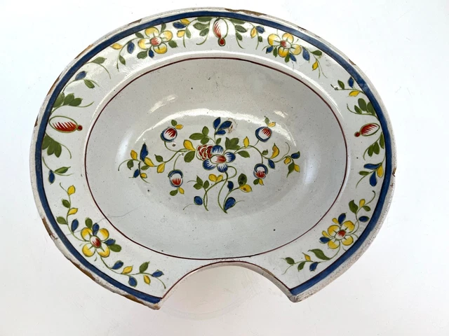Plat à Barbe En Faïence Ancien - Décor Floral - Longueur 28 Cm - Bon état Général