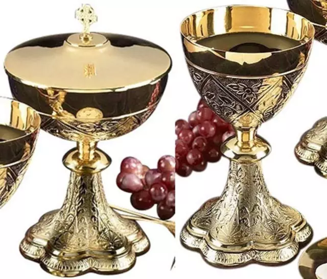 Gold Tone Embossed Vines Chalice and Paten Set with Ciborium and Cover, 8 Inch