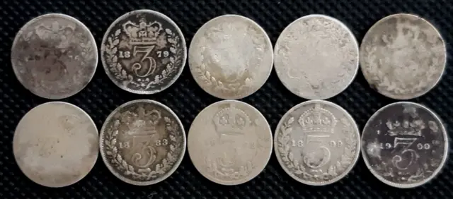 Great Britain set of 10 3 pence silver coins Queen Victoria circulated condition