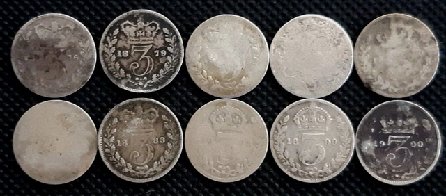 Great Britain set of 10 3 pence silver coins Queen Victoria circulated condition