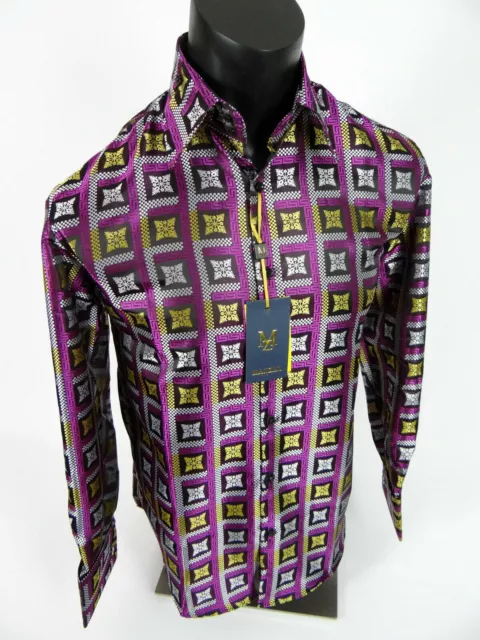 Mens Manzini Dress Shirt Purple Silver Italian Floral Cuff Links Button Front