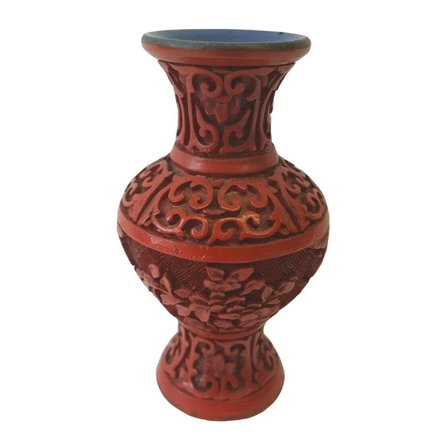 Chinese Cinnabar 4" Red Vase w/ Blue Lacquer Interior Asian Floral Design