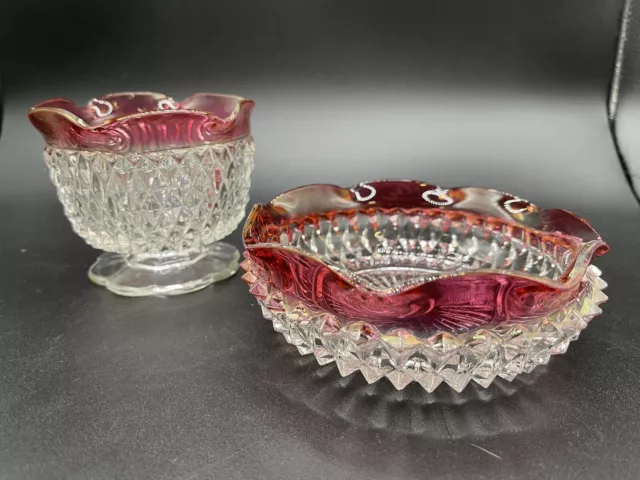 Vintage Indiana Glass Kings Crown Diamond Point Ruby Rimmed Antique Dishes x2