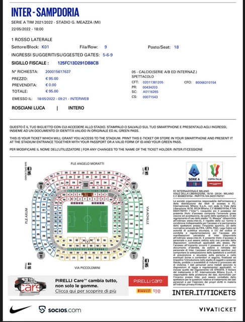 Biglietto Inter-Sampdoria 22/5/2022.            PRIMO ROSSO LATERALE