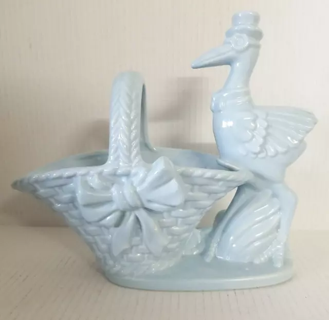 Haeger USA Art Pottery Baby Blue Stork Basket Nursery Planter