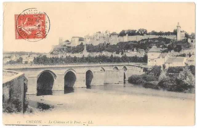 CHINON 37 Le Château et le pont CPA animée écrite à Mme Dany de Cancale en 1912