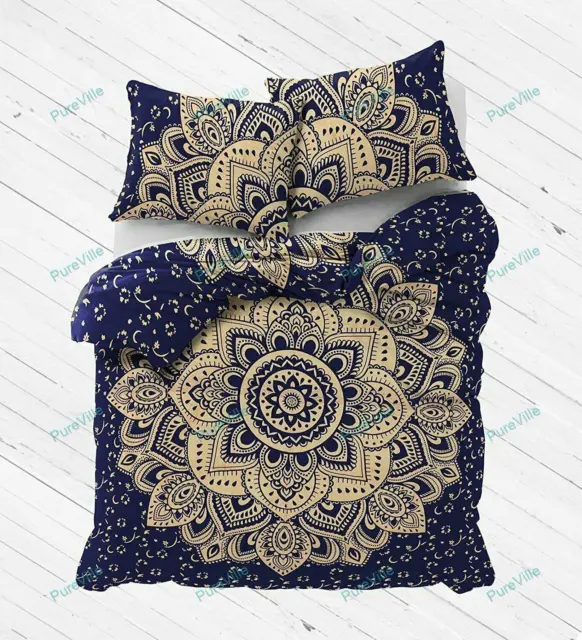 Indien Bleu Floral Mandala Couette Housse de Set Literie Coton Hippie Douillette