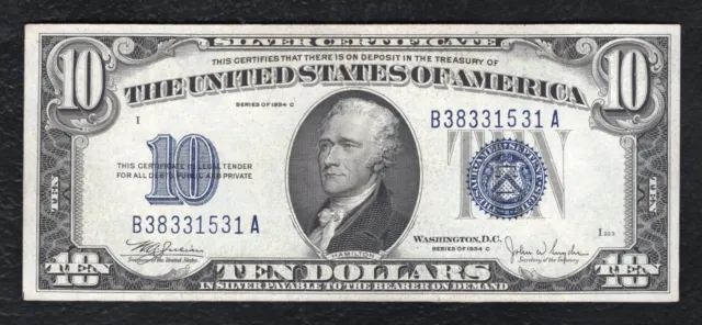 1934-C $10 Ten Dollars Silver Certificate Currency Note About Uncirculated (B)