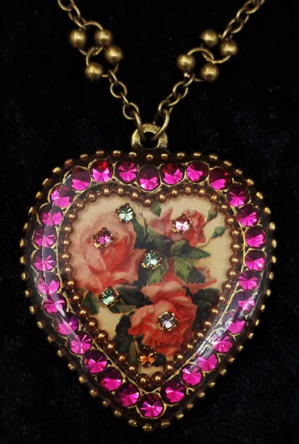 Michal Negrin Heart Necklace Pink Victorian Roses Crystal Pendant Chain Flowers