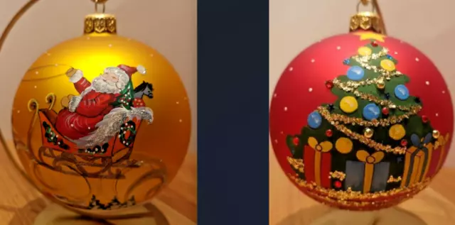 NATALE 2 Palline Albero di Natale in Vetro soffiato 100 mm decorate a mano