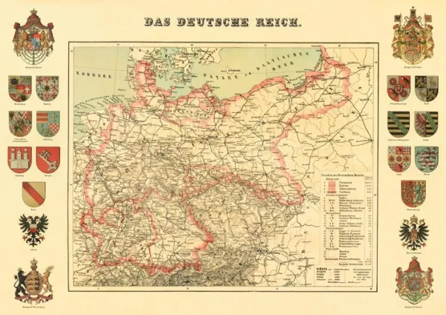 Das deutsche Reich Karte von 1872 & 20 Wappen Faksimile 16 A3 auf Büttenpapier