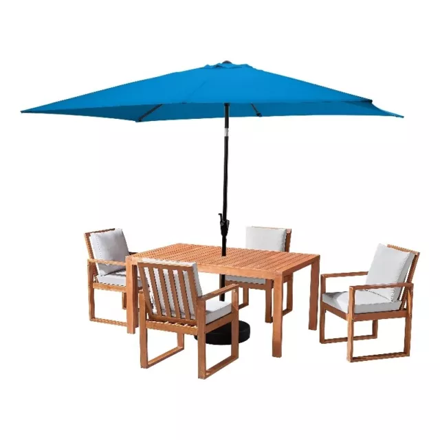 Weston Natural Wood Table with 4 Chairs 10-Foot Rectangular Umbrella Bright Blue