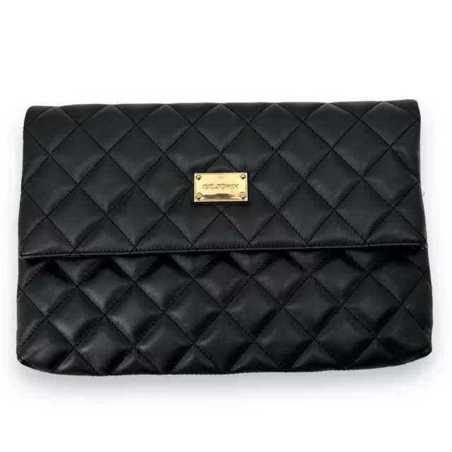 St. John Black Leather Quilted Fold Over Clutch Purse