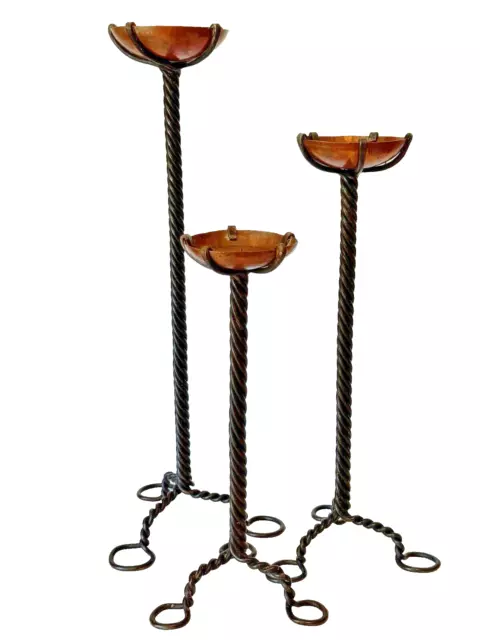 Vintage Wrought Iron Copper Candleholders Candlesticks Hand Forged Set of 3