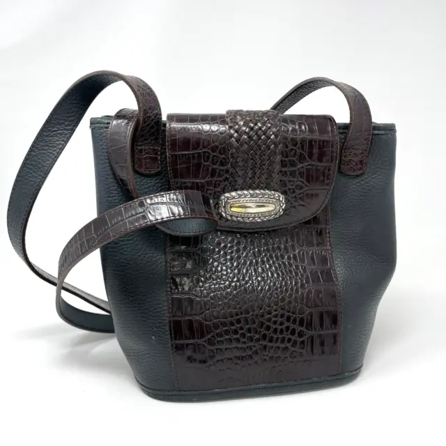 BRIGHTON Bucket Bag VTG Leather Purse Black & Dark Brown Embossed Croc Satchel